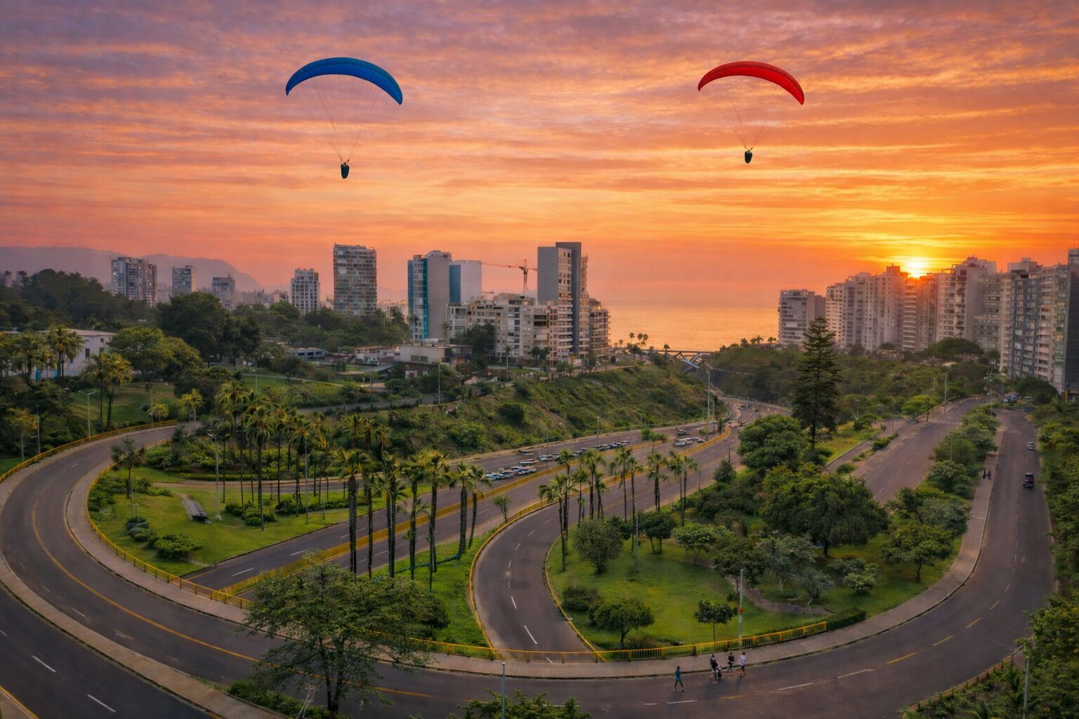 A cityscape with a curved road, palm trees, and buildings under a sunset sky.