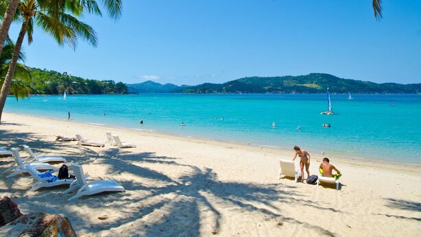 Une plage avec des chaises longues blanches, un rivage sablonneux et une mer d’un bleu limpide.
