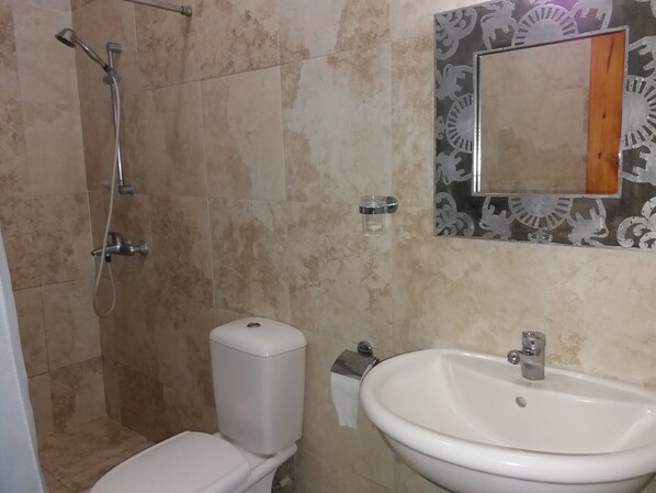Un baño con ducha, inodoro, lavamanos y un espejo decorativo.
