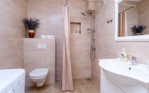 Douche, sèche-cheveux, serviettes fournies, savon