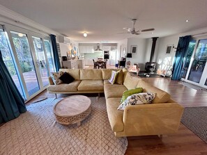 Smart TV, fireplace, DVD player, books