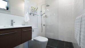 Shower, hair dryer, towels