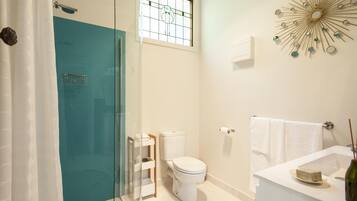 A bathroom with a glass shower enclosure, a toilet, a sink with a mirror, and a decorative wall piece.