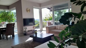 A modern living room with a sofa, coffee table, TV, and potted plants. - PRIVATE Family VILLA with jakuzzi & swimming pool (Budaörs)