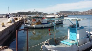 Un port où sont amarrés plusieurs bateaux, une jetée en béton et, en arrière-plan, un paysage montagneux.