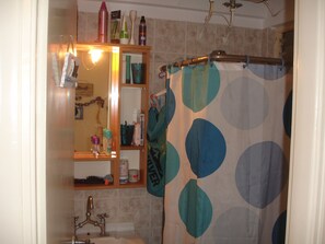 Shower, hair dryer, towels, shampoo