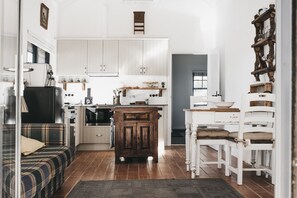 Smart TV, fireplace, books, music library