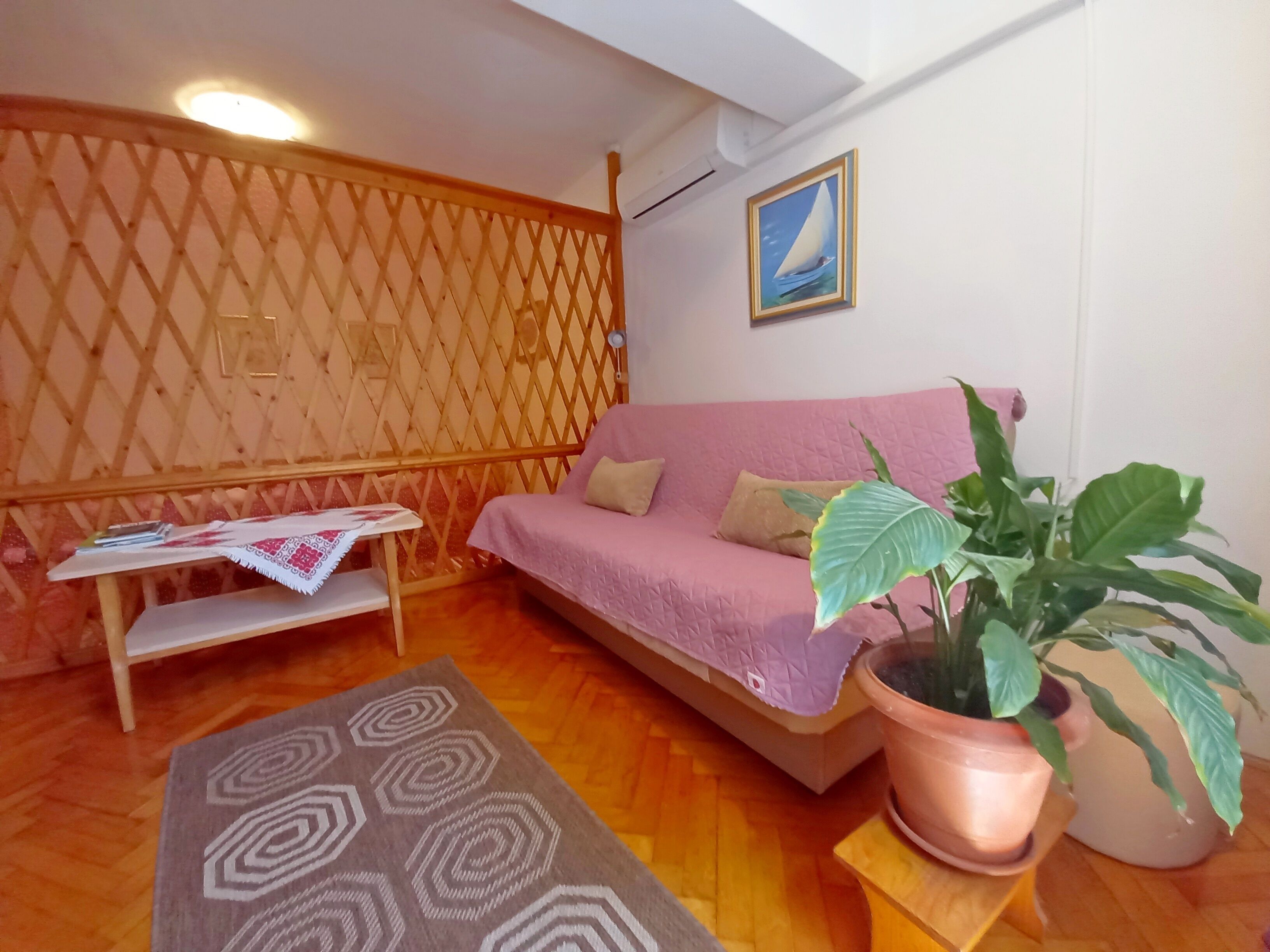 Habitació acollidora amb un sofà rosa, una separació de laticínia de fusta, una planta en test i un quadre a la paret.
