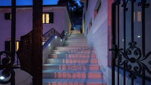 Un escalier avec une rampe et une grille métallique au sommet.
