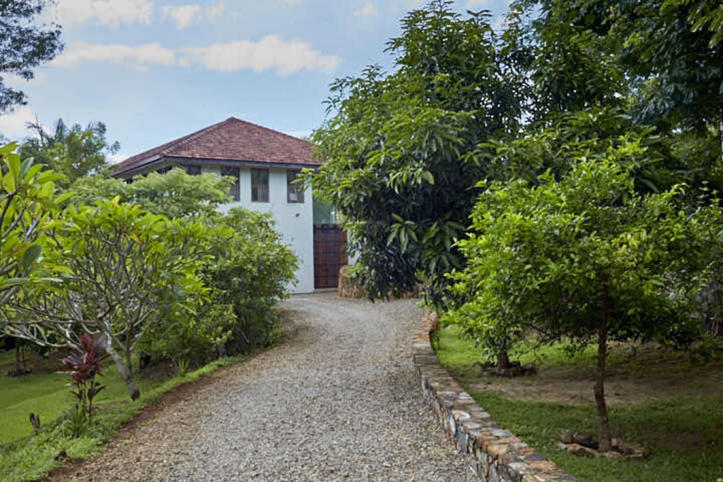 A house with a gravel driveway leading to a wooden door, surrounded by lush greenery and trees.