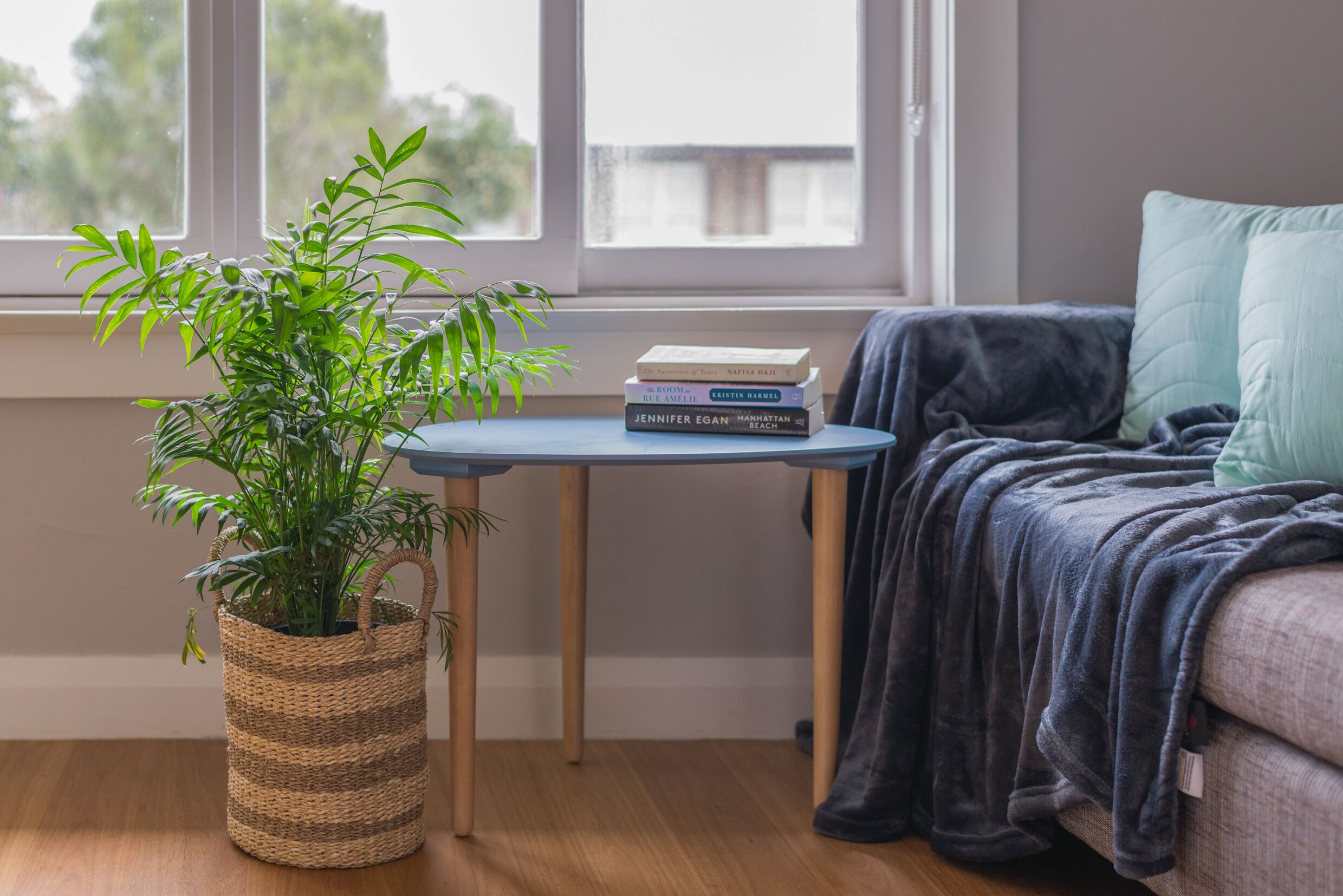 Une pièce avec une fenêtre, une petite table sur laquelle sont posés des livres, une plante en pot et un lit avec une couverture.