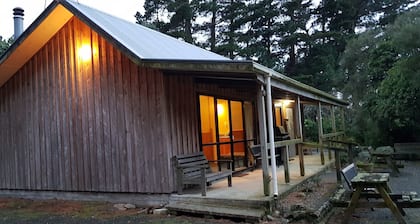 Cabaña rústica y gran bloque de cocina ubicado en un jardín nativo.