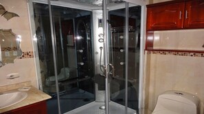 Combined shower/tub, jetted tub, hair dryer, bidet