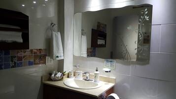 Combined shower/tub, jetted tub, hair dryer, bidet