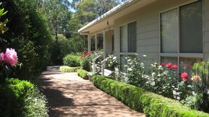Ein Weg führt zu einem Gebäude mit einer Veranda und einem Garten mit verschiedenen Pflanzen und Blumen.