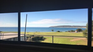 Vista desde una ventana sobre un área verde con una masa de agua y una colina distante.