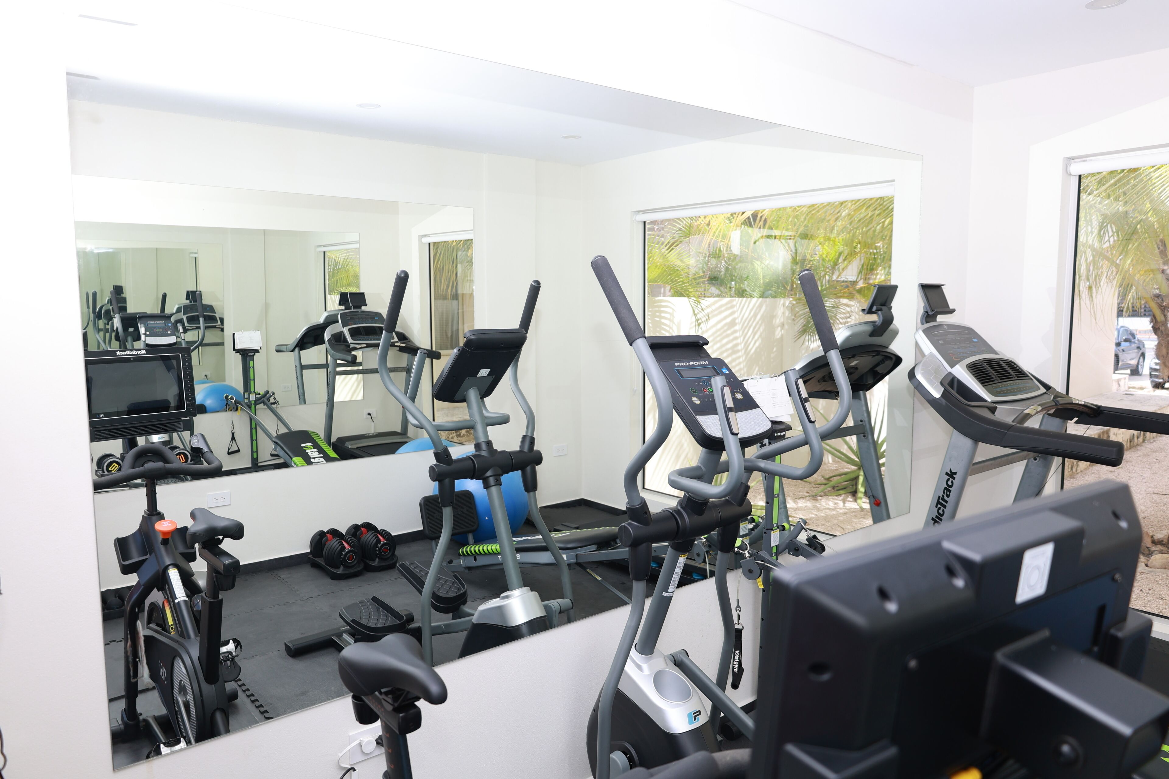 Une salle de sport équipée de matériel d’exercice, dotée d’un grand miroir et offrant une vue sur l’extérieur.
