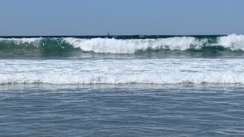 On the beach, sun-loungers, beach towels
