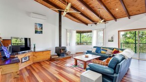 Un salon chaleureux avec un plafond en bois, une télévision, un canapé et une cheminée.
