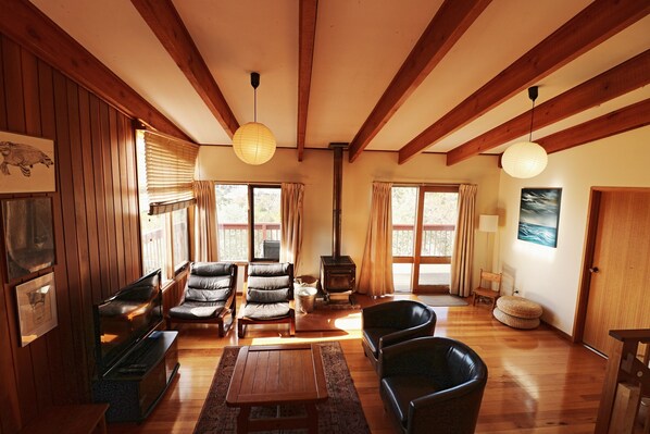 TV a schermo piatto, caminetto