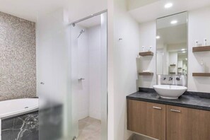 Shower, hair dryer, shampoo