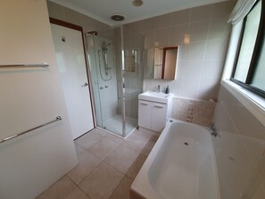 Combined shower/tub, hair dryer, toilet paper
