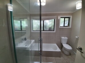 Combined shower/bathtub, hair dryer, toilet paper