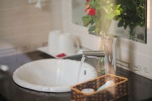 Sèche-cheveux, serviettes fournies, shampoing, papier toilette