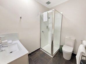Shower, hair dryer, towels, soap