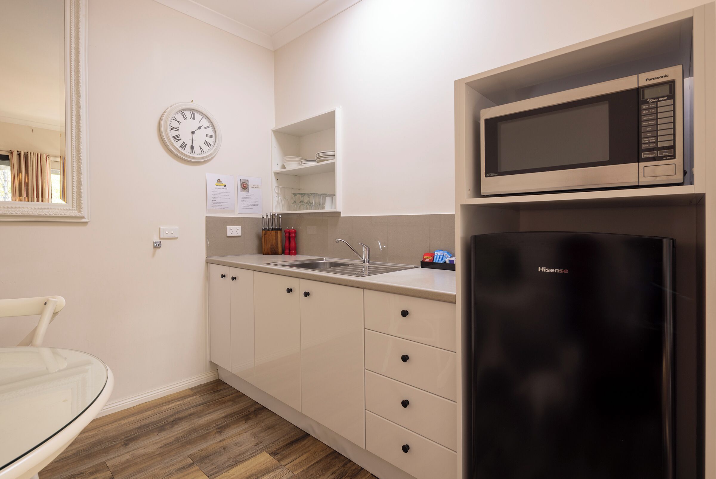 Fridge, microwave, coffee/tea maker, electric kettle