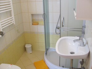 Regadera, secadora de cabello, toallas, papel de baño 