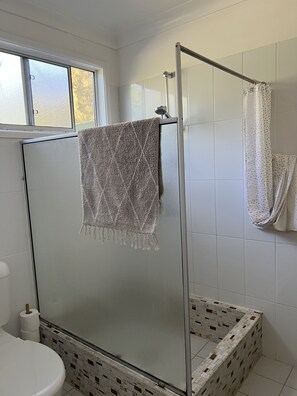 Een douche, een haardroger, handdoeken, zeep