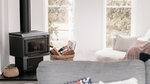A cozy living room with a modern fireplace, a comfortable sofa, and a view of trees through large windows.