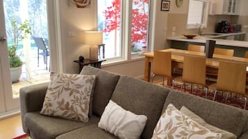 Smart TV, fireplace, DVD player, books