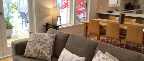 Smart TV, fireplace, DVD player, books