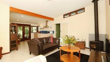 LCD TV, DVD player, books, video library