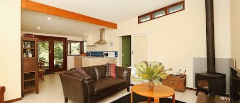 LCD TV, DVD player, books, video library