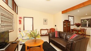 LCD TV, DVD player, books, video library