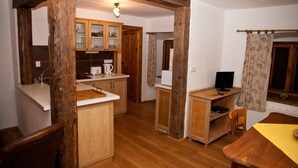 A compact kitchen with wooden cabinets, a countertop, and a built-in stove. - Waterwheel apartment at Kamenný potok (Kájov)
