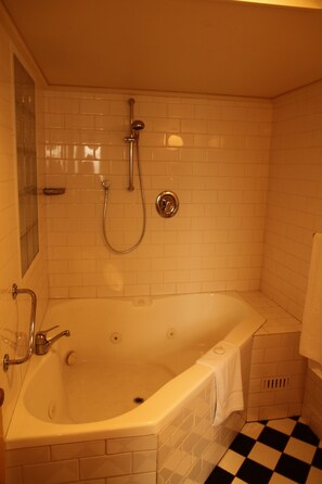 Combined shower/bathtub, hair dryer, towels