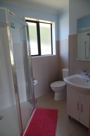 Douche, séchoir à cheveux, serviettes fournies, savon