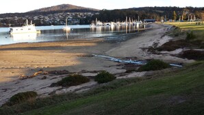 Un paysage côtier avec une plage de sable, une marina remplie de bateaux et un arrière-plan vallonné.