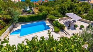 En swimmingpool omgivet af grønt, med udsigt til havet og bygninger i baggrunden.