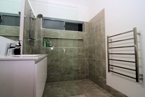 Shower, hair dryer, towels, soap