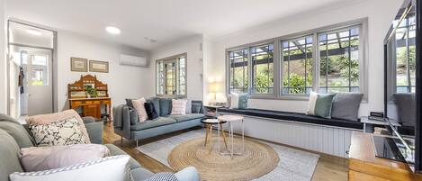 Télévision, cheminée, lecteur de DVD, jouets