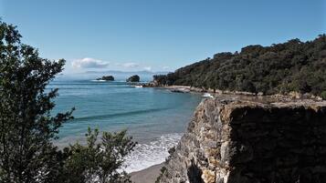 Ranta lähistöllä, aurinkotuoleja, rantapyyhkeitä