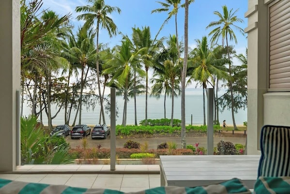 Vista da una stanza con un'ampia finestra su una spiaggia con palme e auto parcheggiate.
