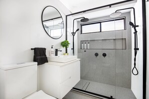 Shower, hair dryer, towels, toilet paper