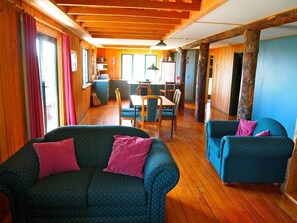 Televisión, chimenea, reproductor de DVD y estéreo 