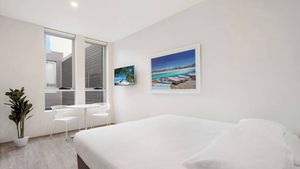 A modern bedroom with a large bed, a small table, two chairs, and a potted plant. There are two framed pictures on the wall.